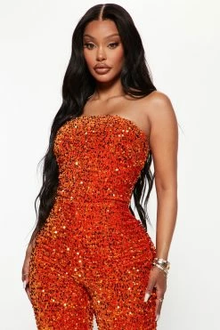 Fashion Nova Glenda Sequin Jumpsuit - Orange