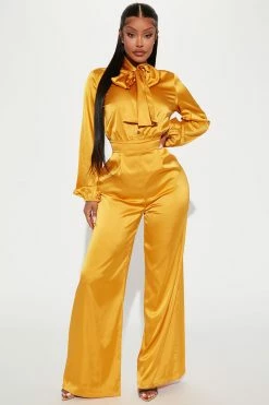 Fashion Nova Emily Satin Jumpsuit - Mustard Jumpsuits