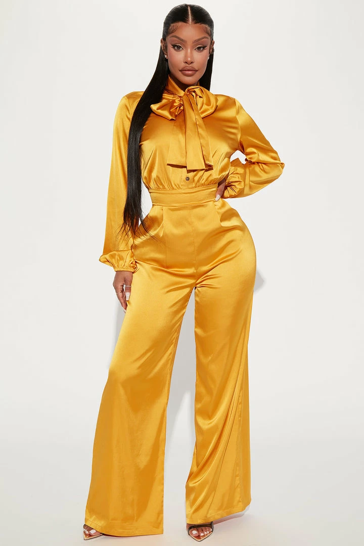 Fashion Nova Emily Satin Jumpsuit - Mustard Jumpsuits