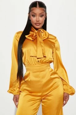 Fashion Nova Emily Satin Jumpsuit - Mustard Jumpsuits