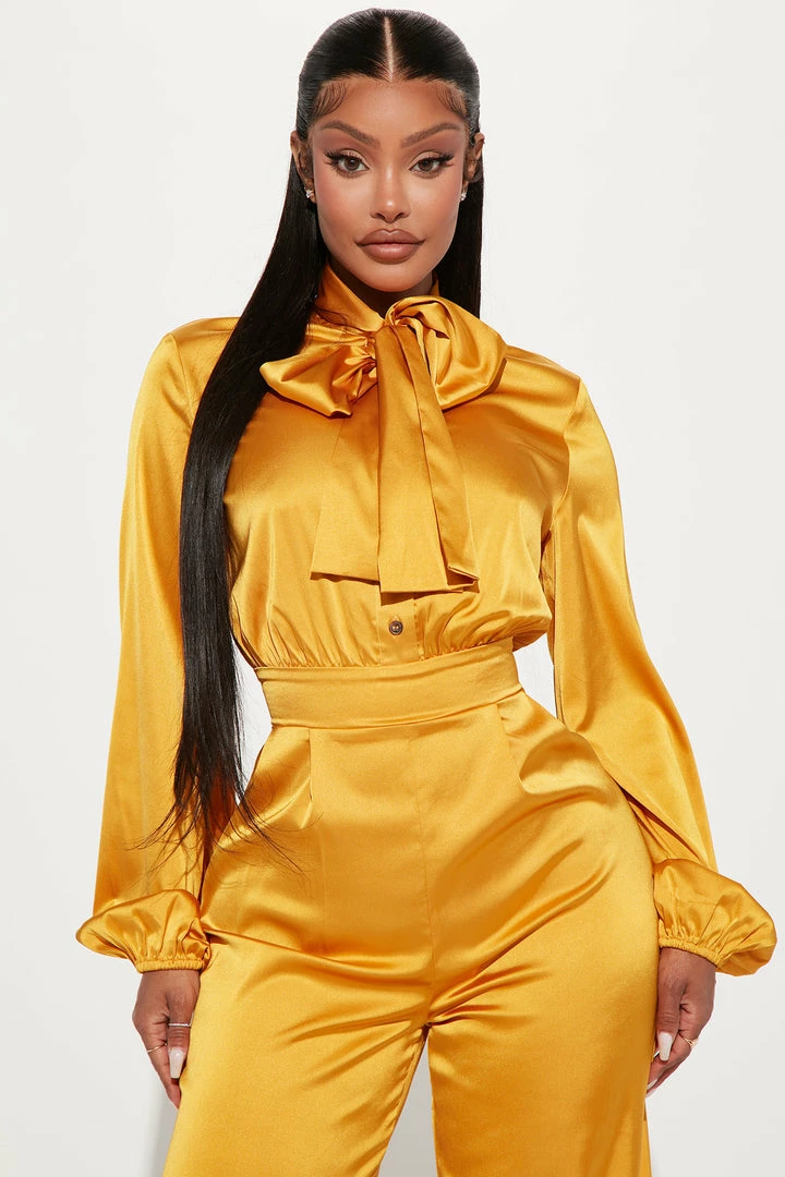 Fashion Nova Emily Satin Jumpsuit - Mustard Jumpsuits