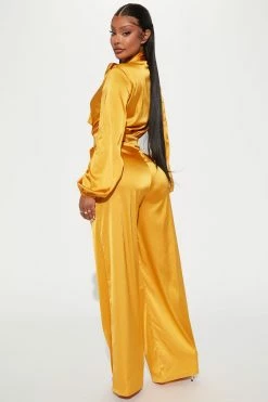 Fashion Nova Emily Satin Jumpsuit - Mustard Jumpsuits
