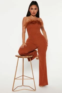Fashion Nova Tahlia Feather Jumpsuit - Camel Jumpsuits