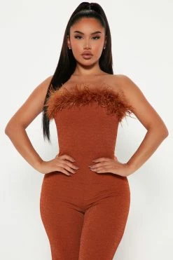 Fashion Nova Tahlia Feather Jumpsuit - Camel Jumpsuits