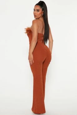 Fashion Nova Tahlia Feather Jumpsuit - Camel Jumpsuits