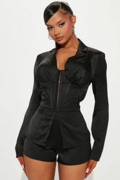 Fashion Nova Allison Long Sleeve Romper - Black Rompers