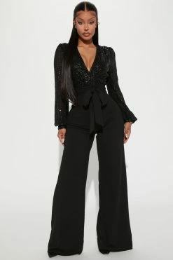 Fashion Nova Nice Date Night Sequin Jumpsuit - Black Jumpsuits
