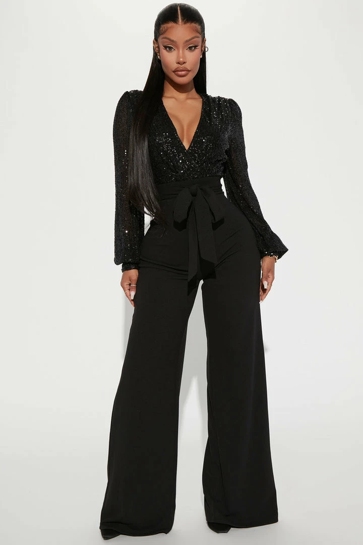 Fashion Nova Nice Date Night Sequin Jumpsuit - Black Jumpsuits