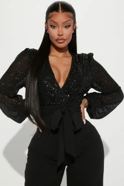 Fashion Nova Nice Date Night Sequin Jumpsuit - Black Jumpsuits