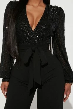 Fashion Nova Nice Date Night Sequin Jumpsuit - Black Jumpsuits