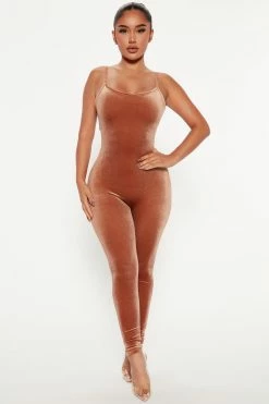 Fashion Nova Always This Velvet Jumpsuit - Brown