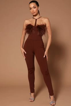 Fashion Nova Brianna Feather Jumpsuit - Chocolate
