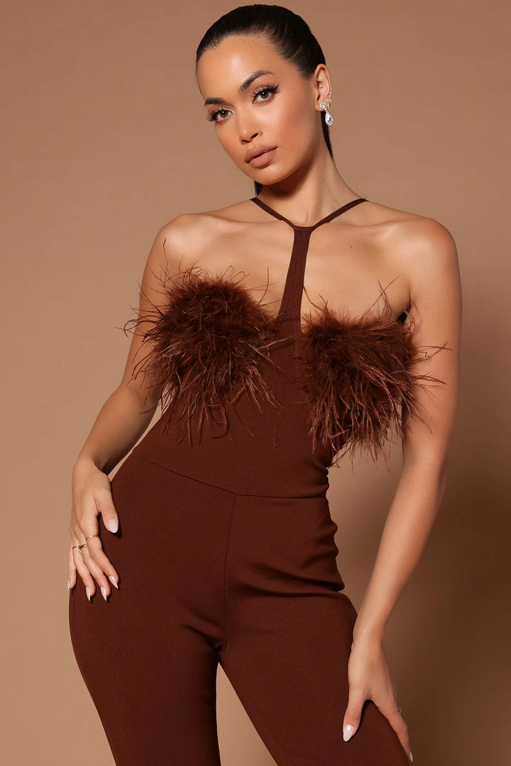 Fashion Nova Brianna Feather Jumpsuit - Chocolate