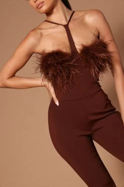 Fashion Nova Brianna Feather Jumpsuit - Chocolate