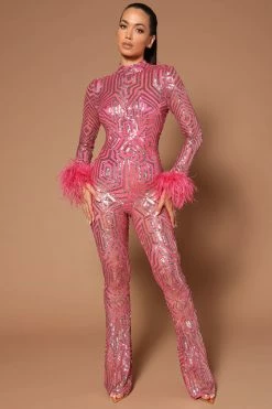 Fashion Nova Jumpsuits Katrina Sequin Mesh Jumpsuit - Pink