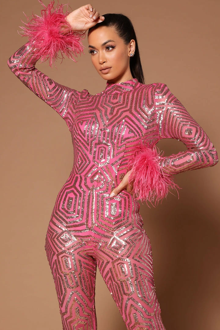 Fashion Nova Jumpsuits Katrina Sequin Mesh Jumpsuit - Pink