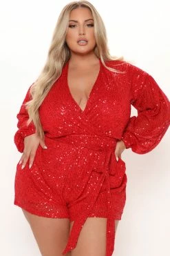 Fashion Nova Diva Shine Sequin Romper - Red Rompers