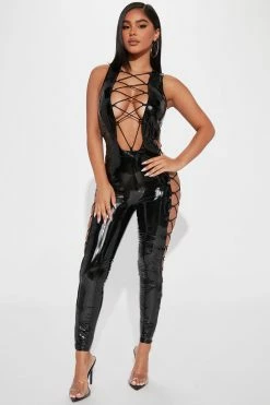 Fashion Nova All On Me Latex Jumpsuit - Black Jumpsuits
