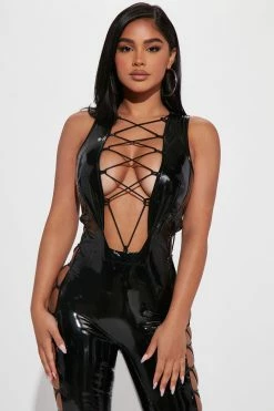 Fashion Nova All On Me Latex Jumpsuit - Black Jumpsuits