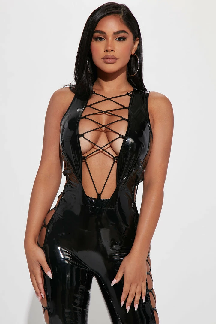 Fashion Nova All On Me Latex Jumpsuit - Black Jumpsuits