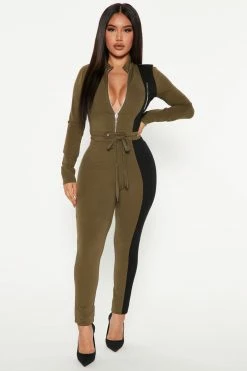 Fashion Nova Racing Through The Track Jumpsuit - Olive/combo
