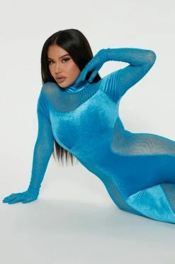 Fashion Nova Jumpsuits You're All I Need Velvet Jumpsuit - Turquoise