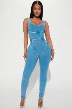 Fashion Nova Jumpsuits Maddie Ribbed Jumpsuit - Blue