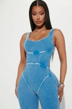 Fashion Nova Jumpsuits Maddie Ribbed Jumpsuit - Blue