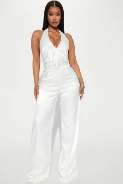 Fashion Nova Jumpsuits Love Spell Satin Jumpsuit - White