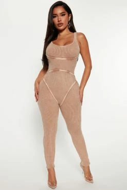 Fashion Nova Jumpsuits Maddie Ribbed Jumpsuit - Taupe
