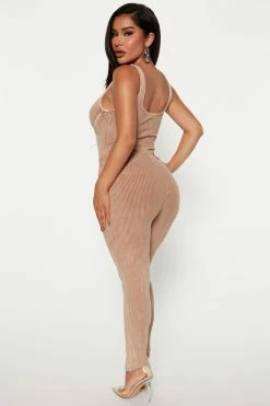 Fashion Nova Jumpsuits Maddie Ribbed Jumpsuit - Taupe