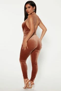 Fashion Nova Karol Velvet Halter Jumpsuit - Brown Jumpsuits