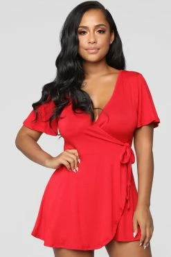 Fashion Nova Rhonda Wrap Romper - Red Rompers