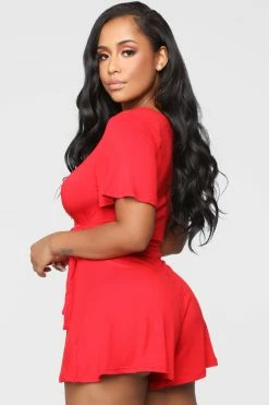 Fashion Nova Rhonda Wrap Romper - Red Rompers