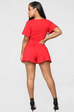 Fashion Nova Rhonda Wrap Romper - Red Rompers