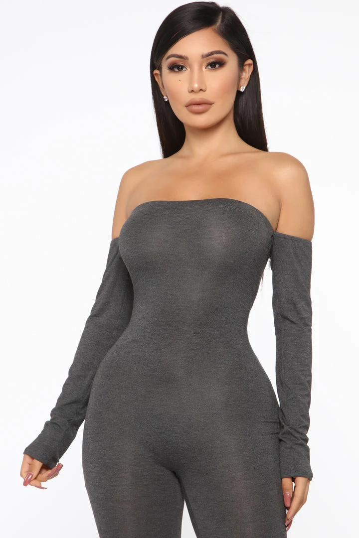 Fashion Nova Soothe Off Shoulder Jumpsuit - Charcoal