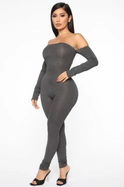 Fashion Nova Soothe Off Shoulder Jumpsuit - Charcoal