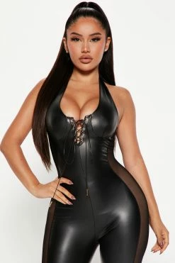 Fashion Nova Going Out Faux Leather Jumpsuit - Black Jumpsuits