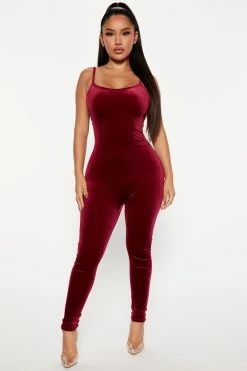 Fashion Nova Jumpsuits Always This Velvet Jumpsuit - Burgundy