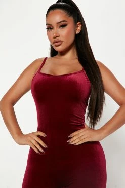 Fashion Nova Jumpsuits Always This Velvet Jumpsuit - Burgundy