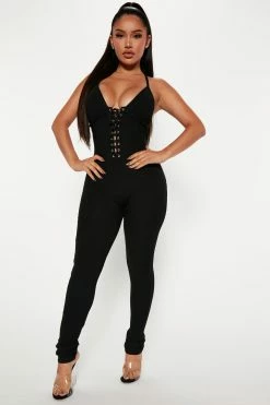 Fashion Nova Lace Me Up Sweater Jumpsuit - Black