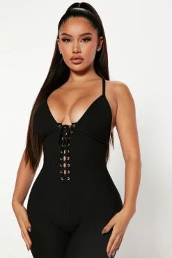 Fashion Nova Lace Me Up Sweater Jumpsuit - Black