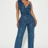 Fashion Nova Just A Party Sequin Jumpsuit - Slate Blue Jumpsuits