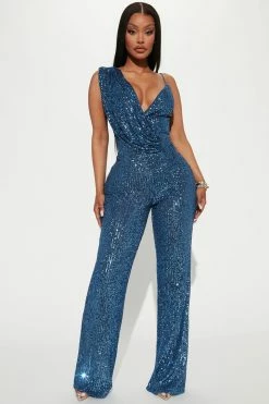 Fashion Nova Just A Party Sequin Jumpsuit - Slate Blue Jumpsuits