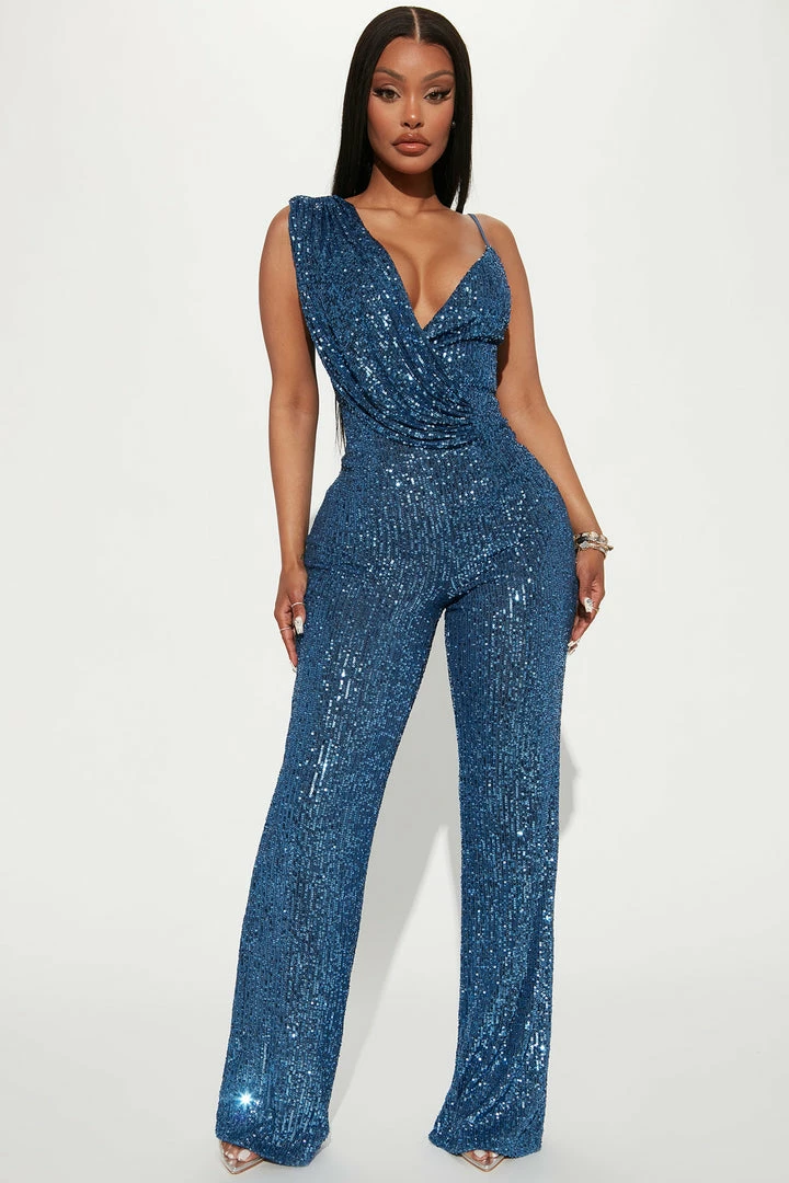 Fashion Nova Just A Party Sequin Jumpsuit - Slate Blue Jumpsuits