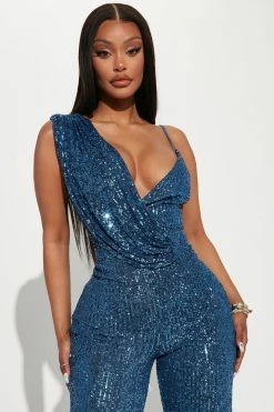 Fashion Nova Just A Party Sequin Jumpsuit - Slate Blue Jumpsuits