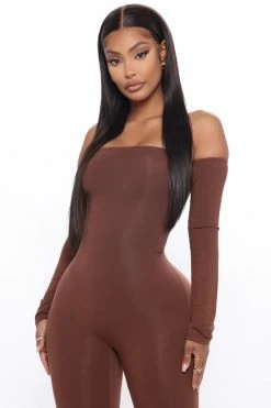 Fashion Nova Jumpsuits Soothe Off Shoulder Jumpsuit - Brown