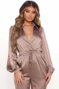 Fashion Nova Natalia Satin Jumpsuit - Mocha