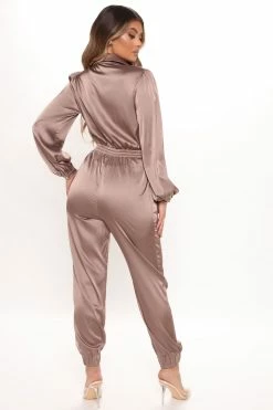 Fashion Nova Natalia Satin Jumpsuit - Mocha