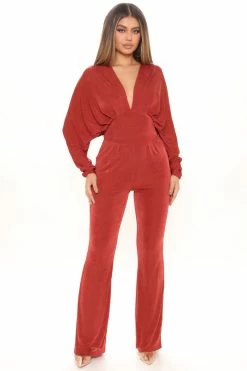 Fashion Nova Sierra Slinky Jumpsuit - Rust Jumpsuits